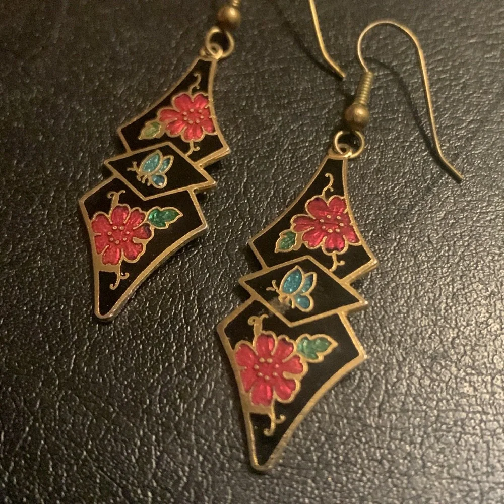 Vintage Cloisonné Butterfly & Flower earrings - Picture 2 of 3